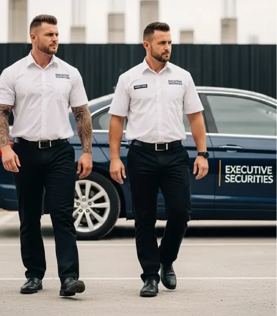 Two security personnel in uniform walking.