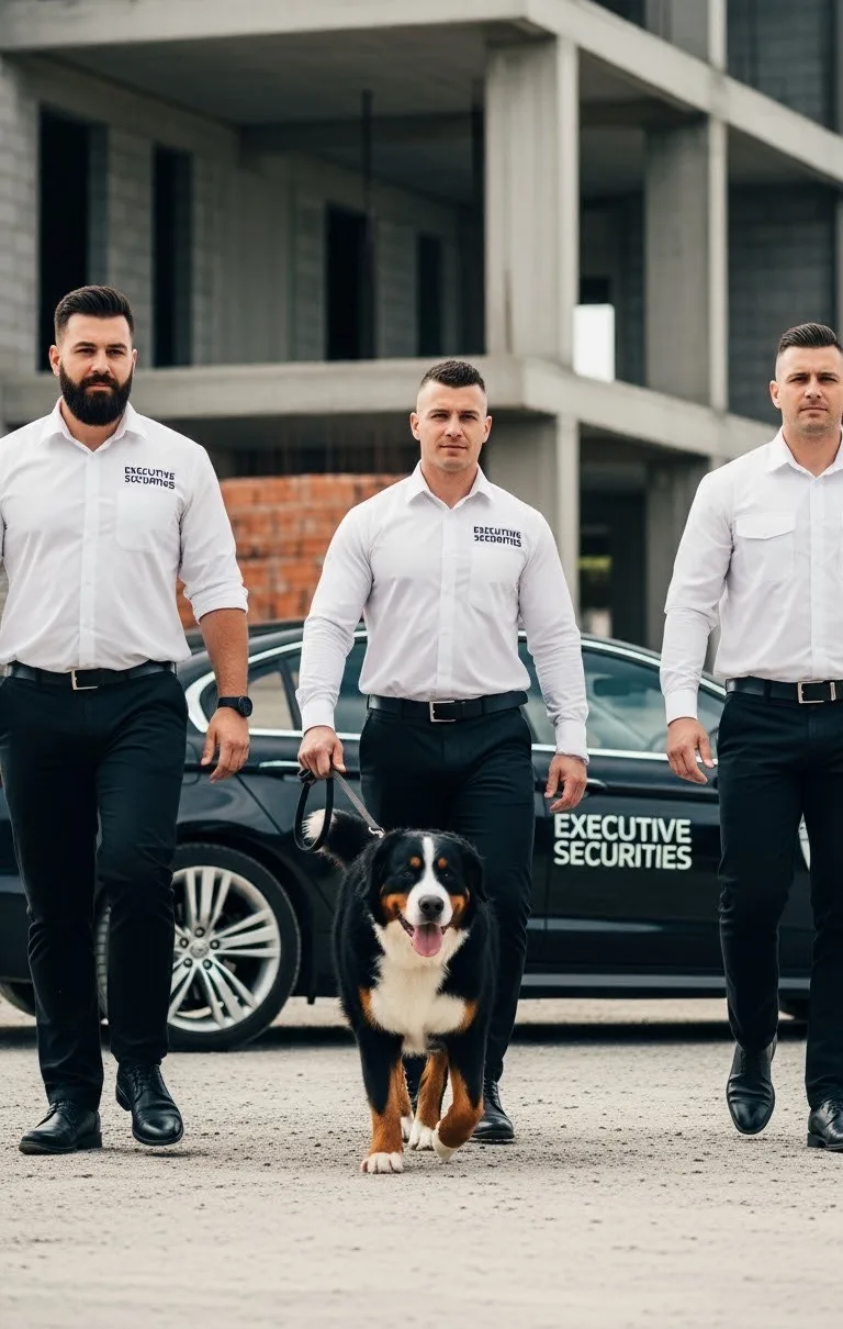 Three security personnel with dog.
