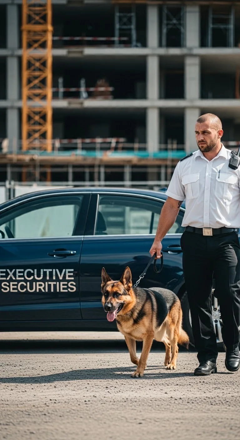 Security guard walking German Shepherd dog.